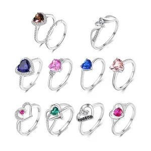 Compromiso personalizado boda 925 plata esterlina Rosa morganita circón corazón Halo anillos delicado amor chica cristal amatista anillo conjunto