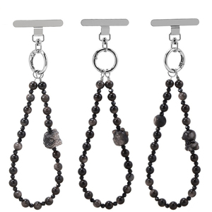 Cordon de téléphone en obsidienne <span class=keywords><strong>argent</strong></span>ée naturelle anti-perte, bracelet perlé en cristal Chat Porte-Bonheur et Lune pour femme - Product Image 1