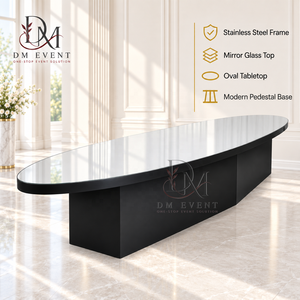 Table à manger moderne ovale avec plateau en verre, base en acier inoxydable noir, mobilier de luxe pour événements et banquets - Product Image 3