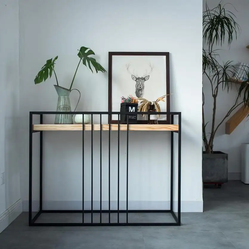 Mesa esquinera de pared de estilo chino, marco de hierro forjado, consola de madera sólida