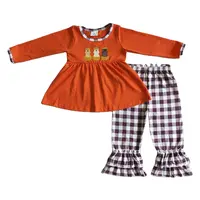 Sonbahar uzun kollu % 100% pamuk turuncu kabak nakış sevimli köpekler tunik elbise maç ekose baskı fırfırlı pantolon bebek çocuk kıyafetleri