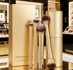 Ensemble de pinceaux de <span class=keywords><strong>maquillage</strong></span> Dragon Complexion Essentials, pinceaux dorés avec support et boîte <span class=keywords><strong>pour</strong></span> fond de <span class=keywords><strong>teint</strong></span>, blush et poudre - Product Image 2