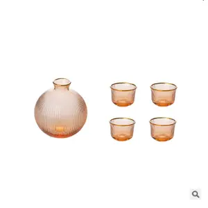 Japanese Vertical Striped Champagne Gold-rimmed Glass Sake Set A Pot of Four Glasses Sake Pot Dispenser