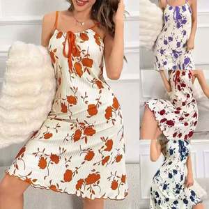 Women Summer Floral <b>Long</b> Chemise Dress Elastic Waist <b>Satin</b> Sleeveless <b>Nightdress</b> Front Knot Bow Breathable Casual Sleepwear - Product Image 2