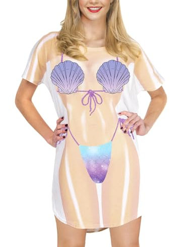 Womens Crewneck Funny Bikini Cover-Up T-Shirt Dress Breathable Polyester Purple Shell Cute Beachwear