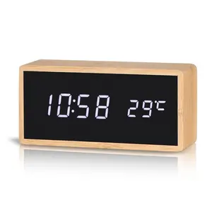 KH-WC034 Table Desk Electronic LED Digital Acrylic Mirror Bamboo Alarm Clock With Temperature