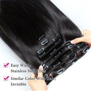 Extensions de <span class=keywords><strong>cheveux</strong></span> humains Remy naturels vierges noirs lisses à clipser Pinces à <span class=keywords><strong>cheveux</strong></span> bruts indiens en pièces pré-collées pour femmes - Product Image 4