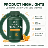 Capsules de Vitamine C Liposomale OEM, 180 unités, Bouteille Vert Foncé, Étiquette Privée Personnalisée, Complément Alimentaire