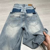 Jeans pour hommes à double taille avec logo personnalisé, de haute qualité, coupe droite délavée et déchirée, style urbain tendance