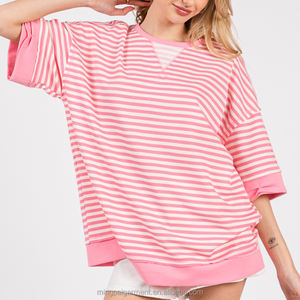 Camiseta de <span class=keywords><strong>Mujer</strong></span> a Rayas, Estilo Casual, de Algodón de Alta Calidad, Personalizada, Primavera 2026, Manga Corta, Talla Grande - Product Image 3