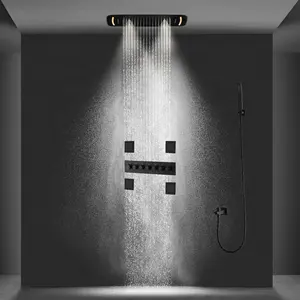 430*710 MM Embedded Ceiling Mounted Matte Black Shower Set Rain Waterfall Mist Shower Jets Water Column Thermostatic LED Shower