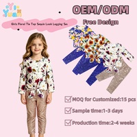 Ensemble haut à manches longues à fleurs avec nœud devant et pantalon à taille élastique à paillettes dorées pour filles, coupe décontractée, personnalisable
