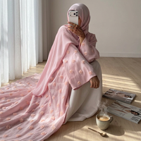 Nouvelle Abaya d'été modeste Loriya pour femmes musulmanes, Abaya ouverte en mousseline de soie avec fleurs 3D, robe de fête Ramadan Aïd, ensemble hijab assorti