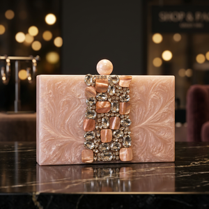 <b>Pink</b> Rectangle Resin <b>Clutch</b> Bag with Pearl Rhinestone Decor Bohemian Style Customized Brand From Uttar Pradesh for Wedding Party - Product Image 1