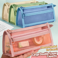 Trousse à crayons transparente en maille, double compartiment, pochette de rangement autoportante, grande capacité, sac à stylos pour examens, pour étudiants et enfants