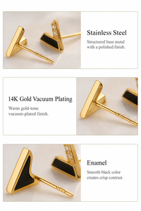 Boucles d'oreilles clous triangulaires or et noir en acier inoxydable plaqué or 14K sous vide, boucles d'oreilles géométriques émaillées - Product Image 4
