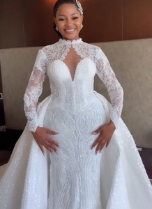 <span class=keywords><strong>Robe</strong></span> de mariée sirène personnalisée en dentelle perlée brillante Aso Ebi avec traîne détachable et manches longues - Product Image 4