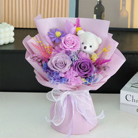 Bouquet de roses éternelles à 3 têtes en gros, avec ours en peluche mignon, longue durée (3-5 ans), idéal pour la Saint-Valentin, les remises de diplômes et les fêtes.