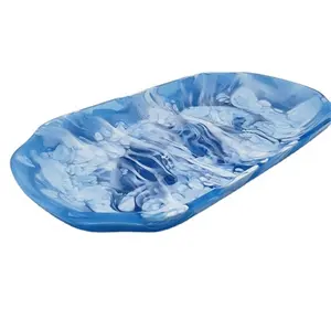 Unique marble texture handmade acrylic resin cold food serving tray with aqua swirl pattern used in restaurant hotel and buffet