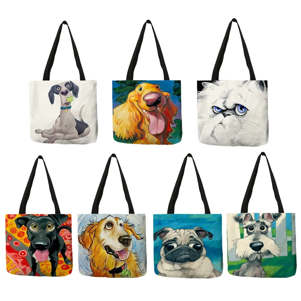 Güzel hayvan boyama kadın çanta noel şapkalı köpek kediler eko keten kaliteli güzel dekorasyon Tote çanta günlük kullanım
