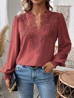 T-shirt personnalisé de couleur unie pour femmes Rétro français côtelé col en V dentelle manches lanterne hauts à manches longues tricoté T-Shirt décontracté