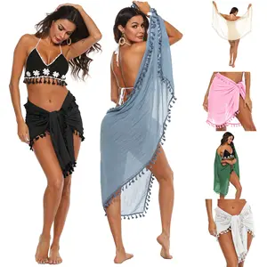 Pareo de playa transparente con borlas, Pareo Sarong, falda envolvente, traje de baño, venta al por mayor de fábrica