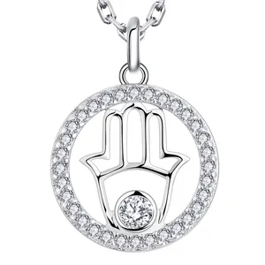 Customized Hamsa Pendant Rhodium Plated White Cubic Zirconia 925 Sterling Silver Hand Religious Charms For Jewelry Making