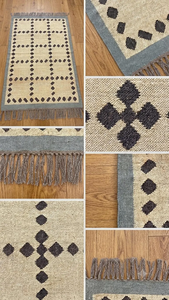 Tapis géométrique en jute et laine tissé à la main |   Tapis de sol rustique style bohème à pompons pour salon et chambre à coucher, décoration intérieure - Product Image 4