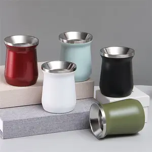 8oz Mate cangkir teh mug dinding ganda terisolasi Tumbler baja nirkarat Yerba cangkir labu dengan sedotan set