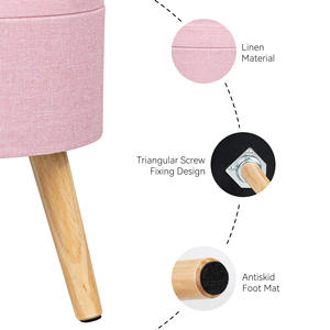 Pouf de rangement rond moderne fait main et écologique, revêtement en lin, pieds en bois robustes, grand espace de rangement, tapis de sol pour appartement - Product Image 3