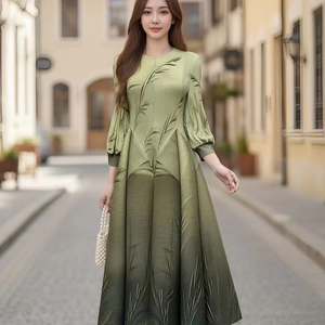 Abito <span class=keywords><strong>Midi</strong></span> Plissettato <span class=keywords><strong>Verde</strong></span> Sfumato da Donna, Collo Tondo, Maniche a Lanterna 3/4, Elegante <span class=keywords><strong>Vestito</strong></span> Lungo a Trapezio, Abito Casual da Festa - Product Image 1