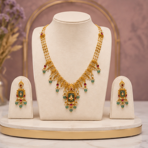 Gold Plated Trendy Kundan <b>Necklace</b> and Dangle Earrings <b>Set</b> with Freshwater Pearl Green/Red Stones for Women's <b>Wedding</b> Ceremony - Product Image 4