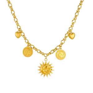 European American Punk Sun Face Coin Heart Pendant Chain Stainless Steel Chunky Necklace Gift - Product Image 5