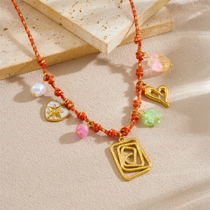 Cross Border Summer Square Hollow Heart Flower Dog Paw Pendant Necklace Zinc Alloy DIY Colored Rope Knotted Gift Jewelry - Product Image 2