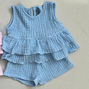 Rosa e <span class=keywords><strong>blu</strong></span> bicolore torta estiva senza maniche Top + Shorts Set completo da ragazza in tinta unita - Product Image 3