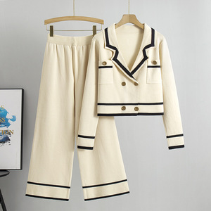 Women's Knitted <b>Sweater</b> <b>Set</b> Cream Color With Black Trim Long Sleeve Blazer And Wide Leg Pants Spring Autumn Casual Wear - Product Image 1