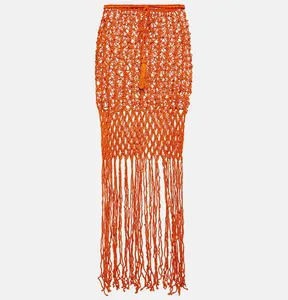 OEM women summer adjustable tassel tie waist long fringed cotton crochet maxi skirt STK2406A