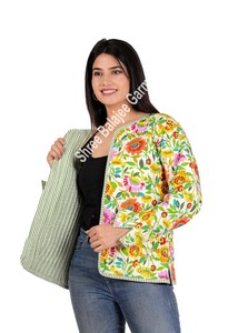 Veste polaire à fleurs matelassée pour femmes main bloc imprimé coton réversible bouton poche manteau d'hiver automne imprimé court Floral - Product Image 5