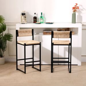 Juego de 2 taburetes de bar estilo moderno con asiento y respaldo de cuerda de papel tejida a mano, estructura metálica, calidad comercial para isla de cocina - Product Image 3