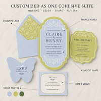 Invitations de mariage bleu vert clair avec papillon, impression de bordure florale, cartes de papeterie de mariage découpées sur mesure