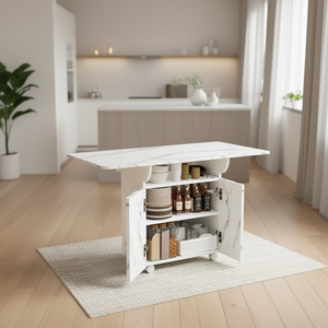 Modern <b>White</b> Marble Folding <b>Dining</b> <b>Table</b> with Storage Cabinet, Wood Legs, 6-Wheel Design, Assembled Entryway Furniture for Home - Product Image 2