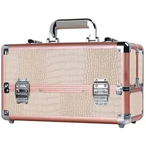 Makeup Organizer Box, Aluminum Storage Boxes 4 Trays Large Cosmetic Storage Pink crocodile Texture 14 Inch with Key