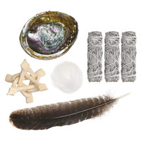 Kit de purification spirituelle : plumes, Palo Santo, coquille d'ormeau, support trépied, bouquet de sauge blanche de Californie, bâtonnets d'encens pour fumigation