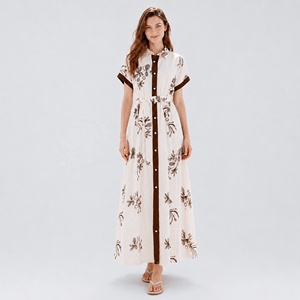 Robe chemise élégante à empiècements contrastés brodés pour femme, robe longue en viscose à motif abstrait chic, manches courtes d'été - Product Image 2
