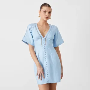 2023 Summer New 100% Linen Dress Comfortable and Breathable Style Waist Shorts Casual Dresses Clothing Woven Simple Woman Adults