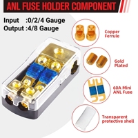 Porte-fusible Mini ANL 2 voies 60 Ampères, 0/2/4 Gauge en entrée, 4/8 Gauge en sortie, 12V Amplificateur audio stéréo HiFi Bloc de distribution d'alimentation