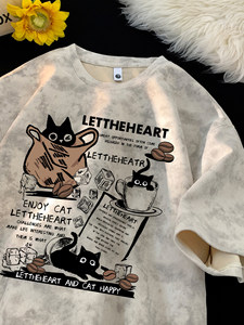 T-shirt Unisex Vintage Tie-Dye Lavata con Stampa a Lettere, Oversize, Vestibilità Ampia, Stile High Street, Antipiega, Casual, Top per Coppie - Product Image 2