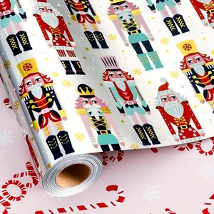 Papel de Regalo Navideño con Diseño de Cascanueces y Bastones de Caramelo, Reversible, 17 Pulgadas x 32.8 Pies, para Envolver Regalos y Manualidades - Product Image 1