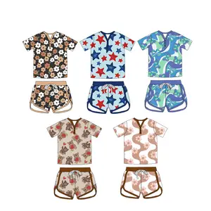 Wholesale Children Summer Sets Custom Printed Tie Rope Girls Set Milk Silk Fabric Two pieces baby clothing