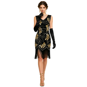 Robe de soirée rétro des années 1920 à col en V, à sequins et franges, style Gatsby, coupe fourreau, taille naturelle, en satin - Product Image 2